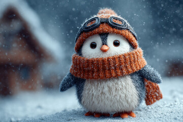 Fototapete - a whimsical, orange-scarfed penguin with goggles stands in a snowy landscape at night the surroundin