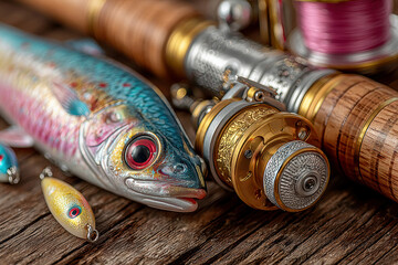 Fototapete - close-up image of a vintage fishing lure with gold-toned reel and line, mounted on a wooden surface,