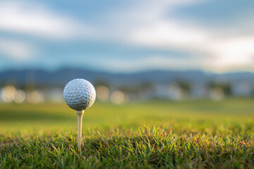 Fototapete - a tranquil golf course scene white, dimpled golf ball on green fairway or rough edge, well-maintaine