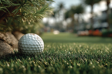 Fototapete - close-up of a golf ball on vibrant green grass, positioned towards the lower left in a tropical sett