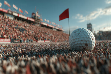 Fototapete - a white golf ball near a red flag with an arrow, set against a backdrop of a stadium filled with spe