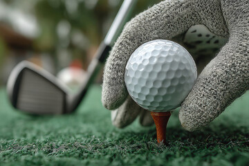 Fototapete - a golfer in black pants focuses on a golf ball and club with mallet head on a green background has a