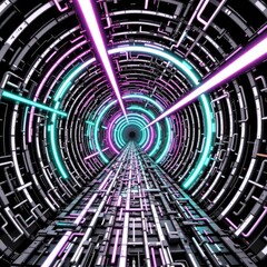 Poster - a high contrast, black and white line art of a spiraling tunnel overlaid with neon colored highlights.
