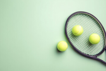 Fototapete - a collection of yellow tennis balls on a light green surface surrounding a black-headed tennis racke