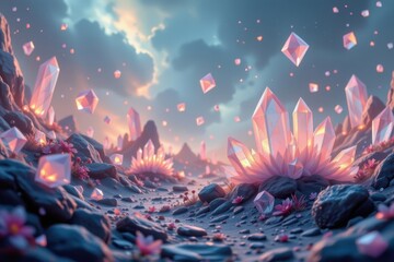 Poster - an ethereal, fantasy inspired scene with glowing, floating crystals in soft pastel tones.