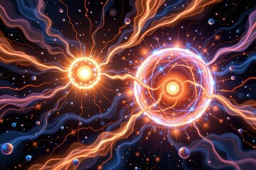 Poster - a detailed digital painting of two glowing energy spheres in space, connected by flowing streams of light in a realistic sci fi style.