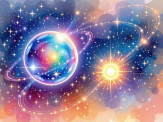 Poster - a watercolor inspired depiction of two glowing orbs in space, with soft, blended light trails and starry background.