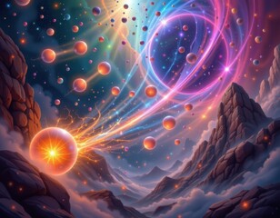 Poster - a surreal fantasy scene with glowing orbs emitting magical streams of light, set against a cosmic background in a dreamy style.