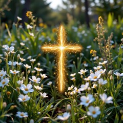 Poster - a natural, outdoor scene with white wildflowers and a floating gold cross made of glowing light.