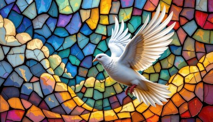 Poster - a realistic digital painting of a white dove soaring through a colorful mosaic sky, with intricate s