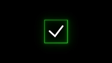 Poster - Minimalist green checkmark inside square neon light icon against a dark background representing approval success or validation