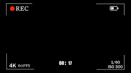 Fototapete - Recording screen display with 4k 60fps indicators including rec status, battery life icon, time, and camera settings on black background