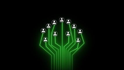 Poster - Conceptual illustration of a network depicting human connections linked within a digital circuit board style using green neon lines and black background