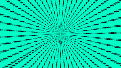 Poster - Abstract radial burst design with a vibrant turquoise background and repeating black dot-dashed lines creating a dynamic retro art style.