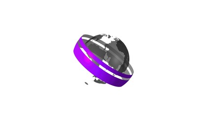 Poster - Abstract 3d rendering of a globe with orbiting purple and gray rings on a white background suitable for business presentation or global communication.