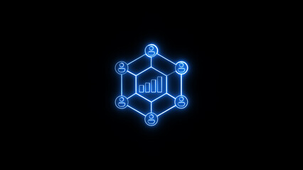 Poster - Illuminated neon blue network of people surrounding statistical data representing growth and progress on black background