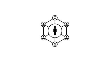 Poster - Simple icon depicting human connection and teamwork representing a central figure with surrounding individuals linked together organizationally