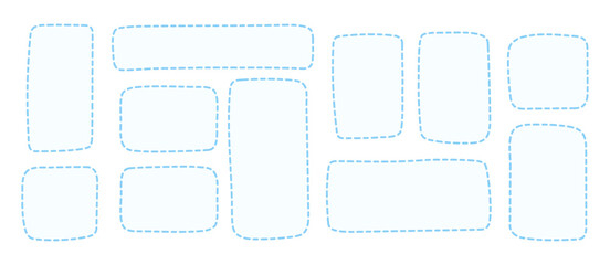 Poster - Set of blue dashed outline shapes in rounded rectangular forms. Hand-drawn doodle style dashed boxes on white background.
