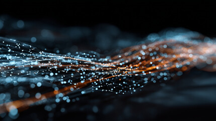 Poster - Abstract blue and orange digital network data flow background image web dots wave dark glow lines cyber space