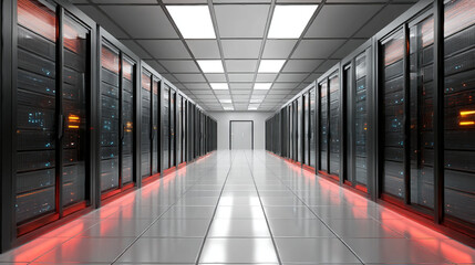 Poster - Modern data center server room interior with bright red lighting rows of powerful network servers in a clean and