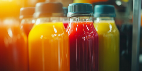 Poster - Bottles of Fruit Juice on Production Line in Factory Generative AI