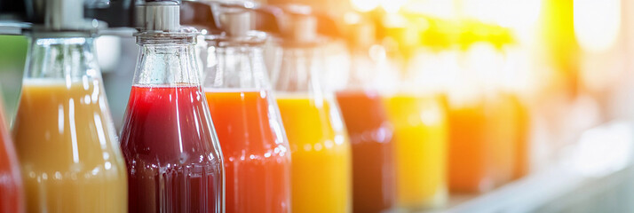 Poster - Juice bottles filled in modern Fruit Juice Factory Generative AI