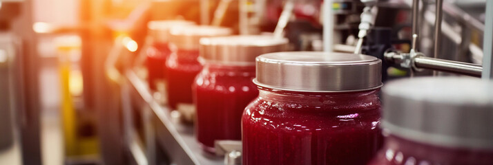 Poster - Jars filled with Fruit Puree on Automated Conveyor Belt Generative AI
