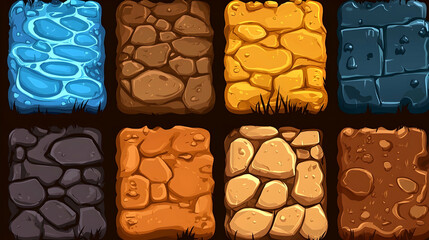 cartoon game textures stone, earth, water; background design elements for game development