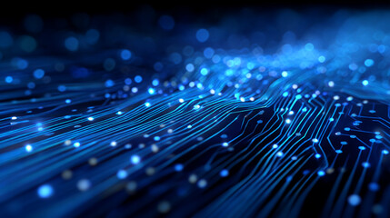 Poster - Abstract blue digital circuit board technology background with glowing lines and dots digital network data stream