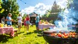 © intricateflow - Lively summer backyard barbecue party with sizzling grills, burgers, hot dogs, laughter, lawn games, picnic tables with colorful salads, lemonade, string lights, and joyful friends and families