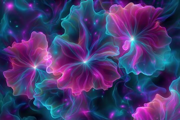 Poster - A colorful flower with purple and blue petals. The flower is surrounded by a dark background. The image has a dreamy and ethereal quality to it
