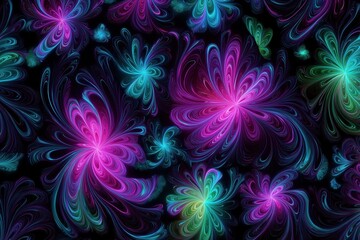 Poster - A colorful pattern of flowers with a dark background. The flowers are in various shades of blue, purple, and green. Scene is vibrant and lively