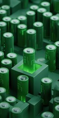 Poster - A bunch of green batteries are stacked on top of each other. Concept of abundance and organization, as the batteries are neatly arranged in rows