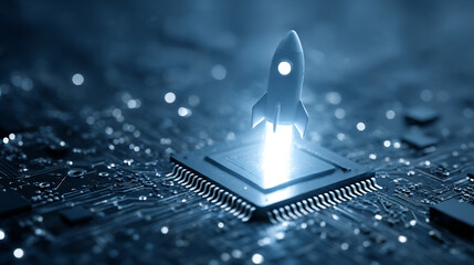 Poster - Innovative technology startup rocket launching from microchip circuit board digital innovation success future 3d