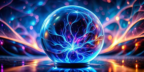 Poster - Abstract Futuristic Blue Plasma Sphere: Liquid Core, Flowing Particles, Neon Glow