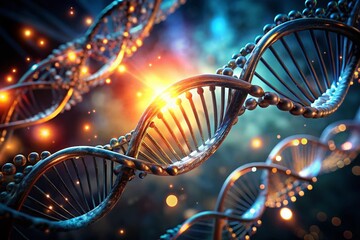 Poster - Abstract DNA Structure 3D Render, Low Light, Glowing Helix, Science Background