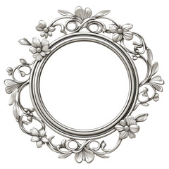 Poster - Ornate silver circular frame with floral and leaf motifs isolated on transparent background. Decorative border element ideal for design projects