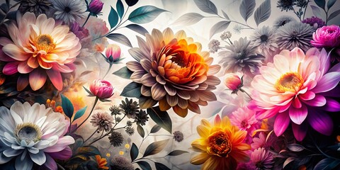 Poster - Abstract Black and White Floral Gradient Double Exposure Stock Photo