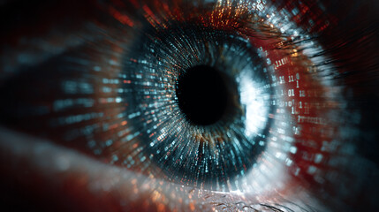 Poster - Abstract digital eye closeup with binary code data stream flowing through iris showing technology concept red blue