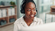 © peopleimages.com - Office, call center and happy black woman on computer for contact us, crm service or customer support. Business, professional consultant and person with headset for communication, advice and feedback