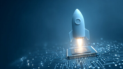 Poster - Abstract technology startup rocket launching from a microchip circuit board digital innovation 3d blue dark glow