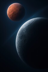 Wall Mural - Minimalist space composition showing two planets with dramatic light and shadow. Cosmic silence and mysterious planetary alignment in deep space.