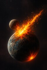 Wall Mural - Powerful cosmic impact scene showing a smaller planet colliding into a larger one with fiery explosion and destruction. Celestial collision in deep space.