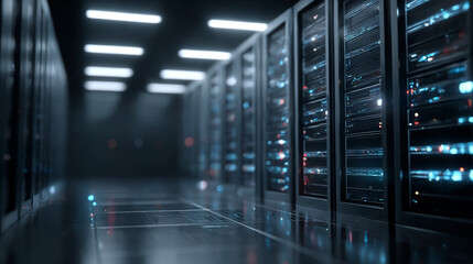 Poster - Modern data center server room technology infrastructure digital network web rack dark blue high cloud system