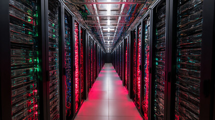 Poster - Modern data center server room interior with red and blue lights technology infrastructure network web dark high