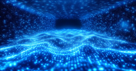 Poster - A sea of data is drowning the metaverse, with an abstract floor technology background that features blue LED lighting