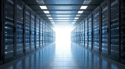 Poster - Modern data center server room interior bright light technology rack blue rows high clean cloud system future