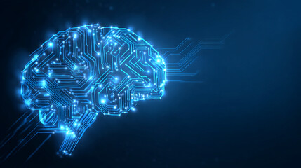 Poster - Abstract glowing blue digital brain circuit technology background illustration image data wire chip data cyber