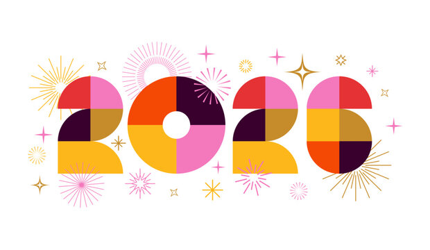 2026 fireworks card, poster, banner, greeting card, 
printable design, web banner, cover with 
Colorful modern New year numbers logo, text 
isolated on white background