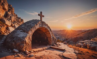 Aufkleber - Small stone building with a cross on top of it. The sun is setting behind the building